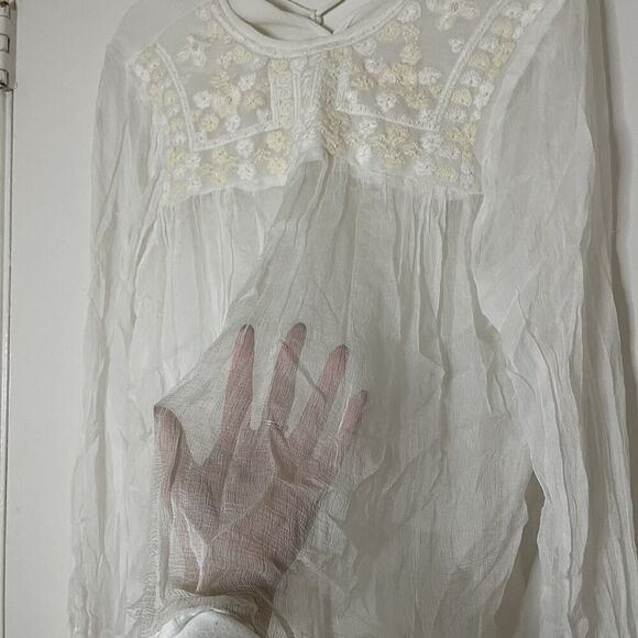 Free People white ivory beaded embroidery sheer long sleeve peasant top Small - Picture 4 of 7